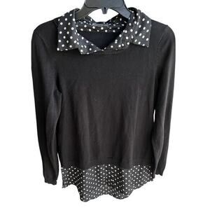 Adrianna Pappel Black knit sweater sheer polka dot collar lagenlook peplum sz S